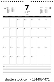 July 2020. Monthly vertical calendar planner printable template A4, A3. Vector illustration. Week starts on Monday.