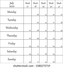 July 2020 Planner with number for each Weak black on transparent background