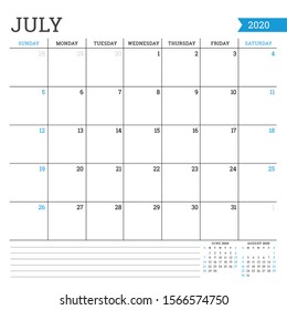 July 2020. Square monthly calendar. Planner template. Minimalist style. Vector illustration. Week starts on Sunday