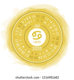July 2020. Vector English сalendar. Zodiac sign. Cancer. Astrological symbol. Zodiacal color vector horoscope. Watercolor kid's sketch doodle style. Hand drawn frame. Round calender. Smoky circle