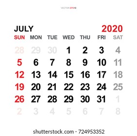 July 2020. Vector monthly calendar template 2020 year in simple style for template design. Week starts from Sunday.