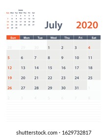 July 2020 vector planning calendar with a place for notes. Weeks start on Sunday.