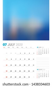 July 2020. Wall calendar planner template. Vector stationery design print template with place for photo. Week starts on Sunday. 3 months on page
