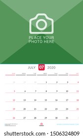 July 2020. Wall calendar planner with place for photo. Vector design print template. Week starts on Sunday