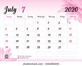 July 2020 Year Template, Calendar 2020 Vector, Desk Calendar Design, pink flower concept for cosmetics, beauty, spa, business; Week Start On Sunday, Planner, Stationery, Printing, 8 x 6 inch size