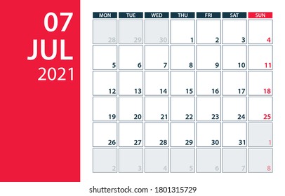 July 2021 Calendar Planner - vector illustration. Template. Mock up.