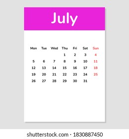 Hoja del calendario de julio de 2021. Ilustración vectorial. 