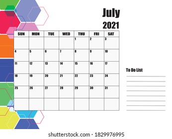 July 2021 Calendar, white background on the left, hexagons of various sizes and colors