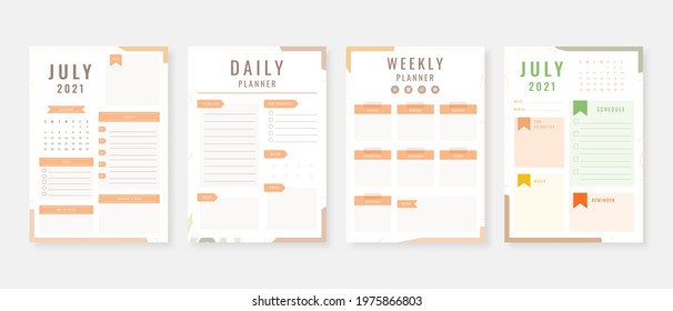 July 2021 - Planner. Modern planner template set. Set of planner and to do list. Monthly, weekly, daily planner template. Vector illustration.