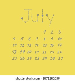 Julio 2021 calendario vectorial amarillo gris estilo minimalista 2021