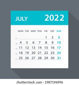July 2022 Calendar Green Leaf - Vector Illustration. Week starts on Monday