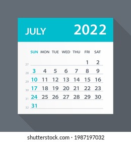 July 2022 Calendar Green Leaf - Vector Illustration