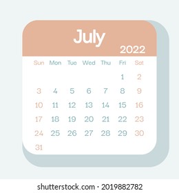 July 2022 calendar planner in pastel color, week starts on Sunday, template, mock up calendar leaf - Illustration. Vector graphic page
