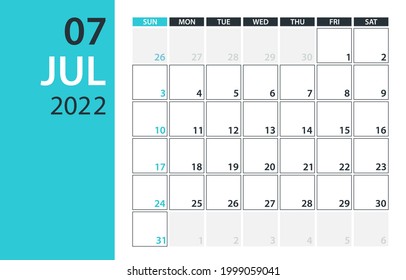 July 2022 Calendar Planner - vector illustration. Template. Mock up.