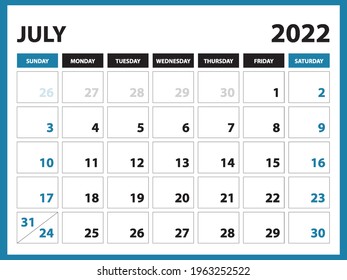 July 2022 Calendar Printable, Calendar 2022, planner design, Desk calendar template, Wall calendar, organizer office, Simple, week starts on sunday, vector eps 10