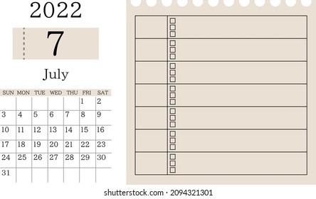 Calendario y cuadro de julio de 2022