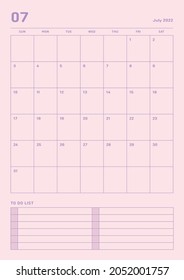 July 2022 colorful cute graphic design digital and printable calendar template illustration. Notes, scheduler, diary, calendar, memo, planner document template background.