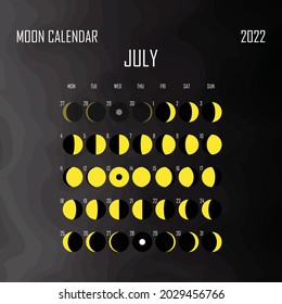 July 2022 Moon calendar. Astrological calendar design. planner. Place for stickers. Month cycle planner mockup. Isolated black and white background.