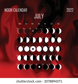 July 2022 Moon calendar. Astrological calendar design. planner. Place for stickers. Month cycle planner mockup. Isolated color liquid background.