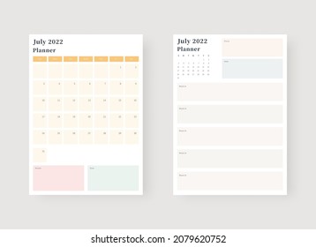 July 2022 planner template set. Set of planner and to do list. Monthly, weekly, daily planner template. Vector illustration.