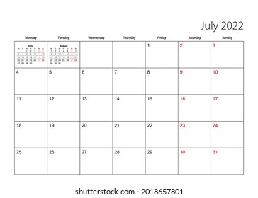 July 2022 simple calendar planner, week starts from Monday. Vector calendar planner.
