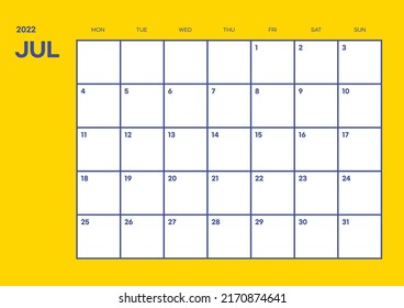 Ilustración de plantilla de calendario digital e imprimible de diseño sencillo en julio de 2022. Notas, programador, diario, calendario, nota, fondo de plantilla de documento del planificador. 