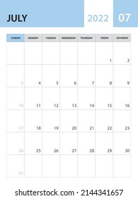 Plantilla de julio de 2022, vector de plantilla de Calendario 2022, diseño mensual de planificador, calendario de escritorio 2022, diseño de calendario de pared, estilo mínimo, publicidad, afiche, medios de impresión, vector creativo simple