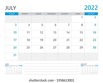 July 2022 year, Calendar planner 2022 and Set of 12 Months,  week start on Sunday. Desk calendar 2022 design, simple and clean design, Wall calendar, Corporate design planner template vector