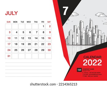 July 2022 year - Desk Calendar 2022 template, Wall calendar 2022 layout ,business template, Week starts Sunday, Stationery design, printing media, publication design