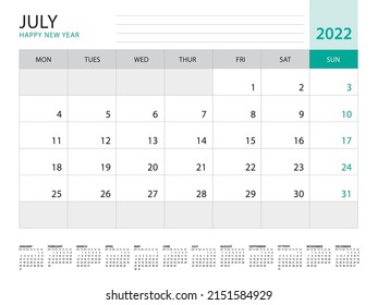 July 2022-Calendar 2022 template vector on green background, week start on monday, Desk calendar 2022 year, Wall calendar design, corporate planner template, Stationery, organizer diary, vector