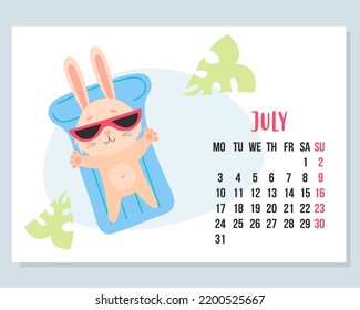 July 2023 calendar. Cute bunny on vacation in sunglasses floats on rubber waterproof mattress. Vector illustration. horizontal Template. Week from Monday In English. rabbit is symbol 2023 year