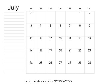Calendario de julio de 2023, por hacer lista, planificador.