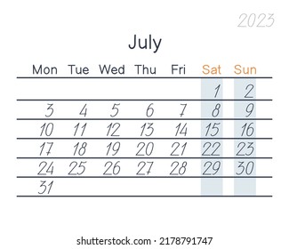 July 2023 calendar. flat vector illustration, eps10