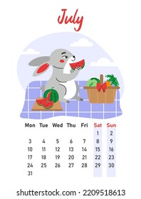 July 2023 calendar. The hare eats a watermelon on a picnic. Flat vector illustration.