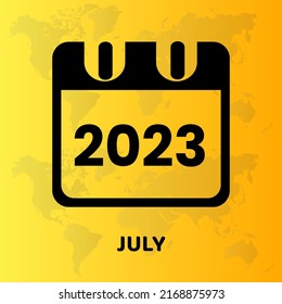 July 2023 calendar icon vector illustration, transparent world map isolated in the colored yellow background. Monthly calendar design template for planner, poster, wallpaper, banner, greeting card