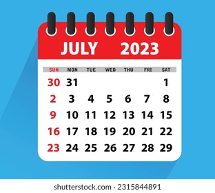 July 2023 Calendar Leaf. Calendar 2023 in flat style. July 2023 Calendar. Wall Desk Calendar Vector Template, Simple Minimal Design. Vector illustration