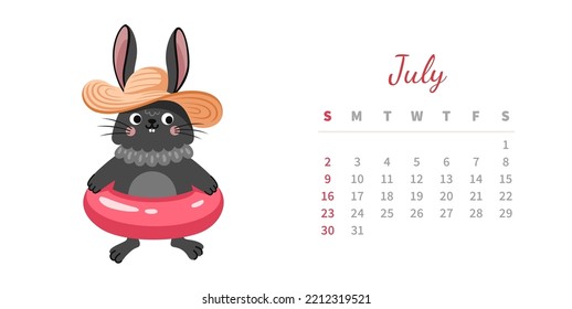 July 2023 calendar page horizontal template. Cute bunny in straw hat with swimming ring. Rabbit, chinese symbol and mascot of new year. Week starts on sunday. Vector illustration.