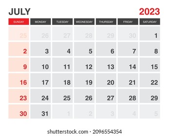 July 2023 Calendar Printable, Calendar 2023, planner 2023 design, Desk calendar template, Wall calendar, organizer office, Simple, week starts on sunday, minimal style, vector eps 10