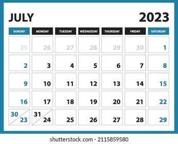 July 2023 Calendar Printable, Calendar 2023 template, planner design, Desk calendar 2023 template, Wall calendar, organizer office, week starts on sunday, vector eps 10