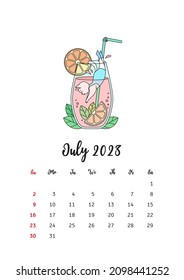 July 2023 calendar. Calendar template decorated with a cute white cat playing in a cocktail glass. Vector illustration 10 EPS.