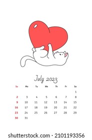 July 2023 calendar. Calendar template decorated with a cute white cat in love. Vector illustration 10 EPS.