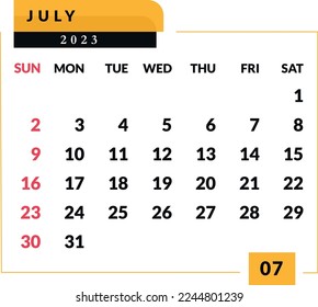 July 2023 Calendar : Vector Illustration