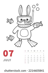 July 2023 calendar vertical page. Bunny in scuba. Outline cartoon character, coloring book template for children activity. Chinese rabbit, traditional symbol of year.