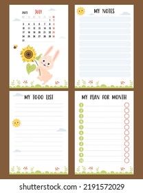 July 2023. Farm calendar planner for summer month with cute rabbit with sunflower and bee. Vector set of vertical page a4 templates to-do list, my plan and notes. Week from Monday, in English