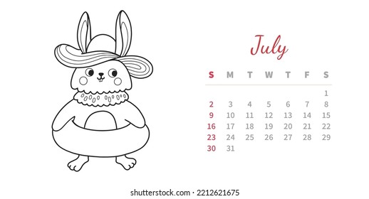 July 2023 horizontal calendar page with cute outline bunny. Rabbit in straw hat with swimming ring, summer season. Chinese new year symbol. Coloring book vector illustration.