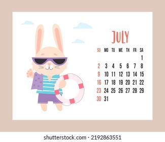 July 2023 planner calendar. Cute bunny in sunglasses and in shorts with beach towel and lifebuoy. Vector illustration. horizontal Template. Week from Sunday In English. rabbit is symbol year