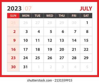 July 2023 template, Calendar 2023 design vector, planner layout, Week starts Sunday, Desk calendar 2023 template, Stationery. Wall calendar on red background, vector eps 10