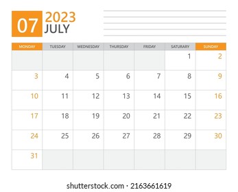 July 2023 Template Calendar Planner 2023 Stock Vector (Royalty Free