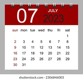 July 2023. Vector monthly calendar template 2023 year in simple style for template design. Week starts from Sunday.