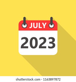 July 2023 year calendar flat style icon with long shadow.